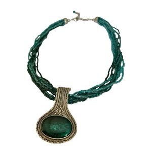 Green & silver pendant necklace with green beaded chunky chain